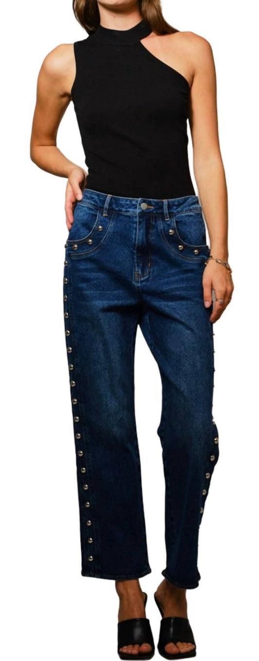 Blue B - Metal Studded Mid Rise Straight Fit Jeans