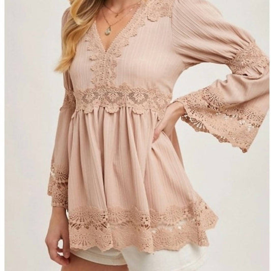 Bluivy - Lace Trimmed Bell Sleeve V-neck Blouse
