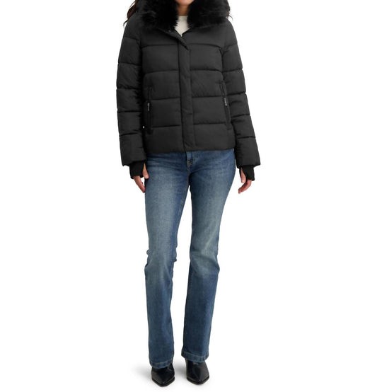 Tahari - Short Quilted Puffer Jacket With Faux Fur Collar & Detachable Hood