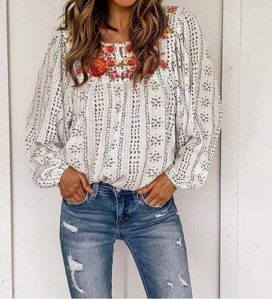 Lovesoft - Long Sleeve Embroidered Print Blouse