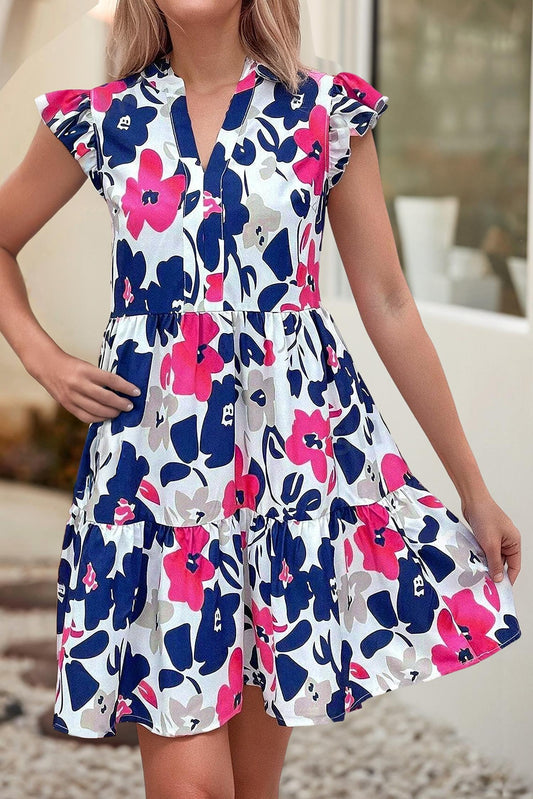 Little Daisy Closet - Notched Neck Flutter Sleeve Mini Dress