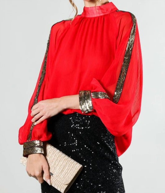 Vine & Love - Raglan Sleeve Mock Neck Sequin Detail Chiffon Blouse