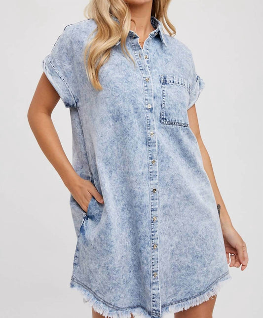 Bluivy - Frayed Hem Denim Shirt Dress