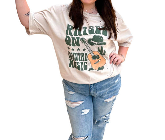 Raised on Country Music Distressed Rocker Tee Plus