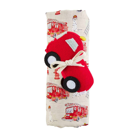 Mudpie - Fire Truck Swaddle Blanket & Rattle
