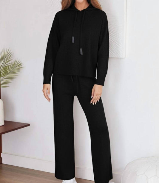 Venti6 - Knit Hooded Sweater And Drawstring Wide Leg Pants