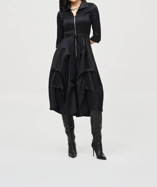 Joseph Ribkoff - Zip Front Waist Sash Taffeta Midi Dress
