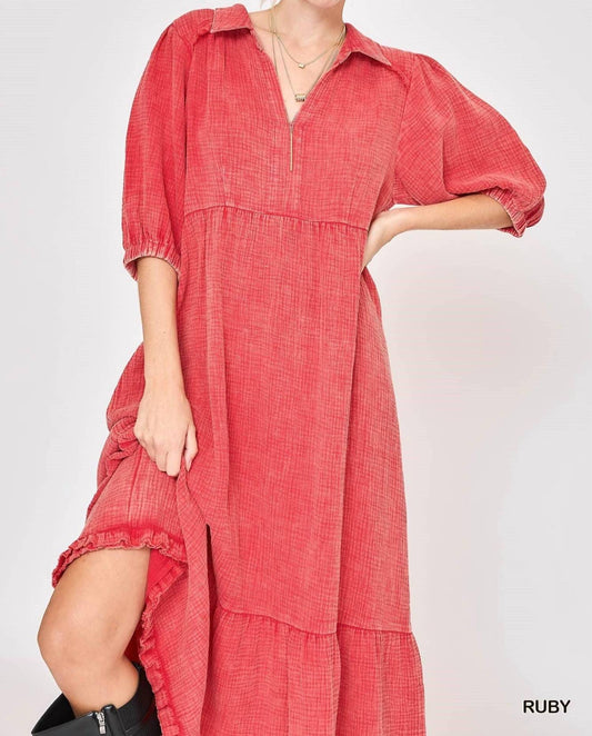 Umgee - Ruby Mineral Washed Cotton Gauze Midi Dress