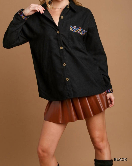 Umgee - Corduroy Long Sleeve With Embroidery Detail Top