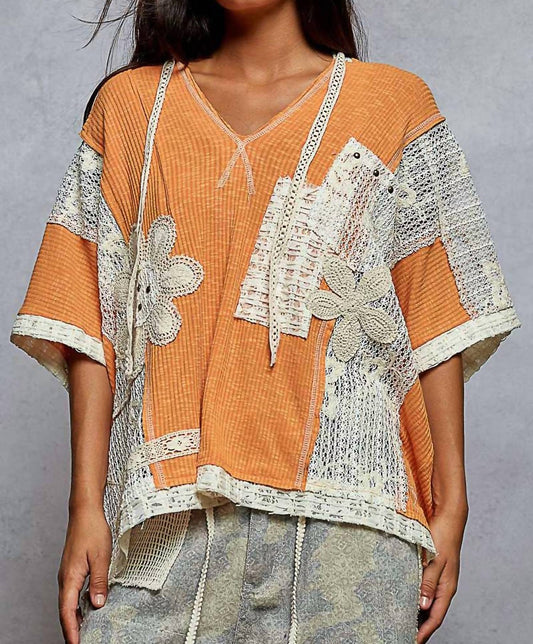 Pol - Oversize Short Sleeve Floral Patch Crochet Hoodie Top