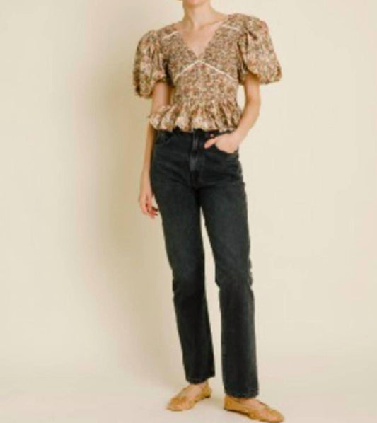 Aureum - Balloon Sleeves V-neck Top