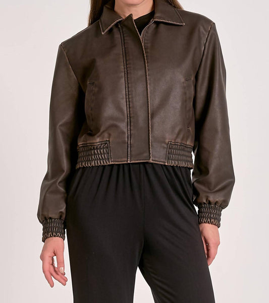 Elan - Genuine Leather Cropped Bomber Jacket