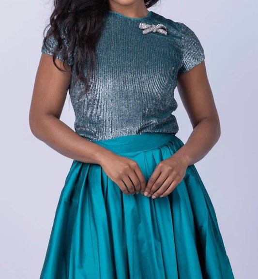 Emily Shalant - Sequin Crew Neck Tee With Crystal Bow Broach