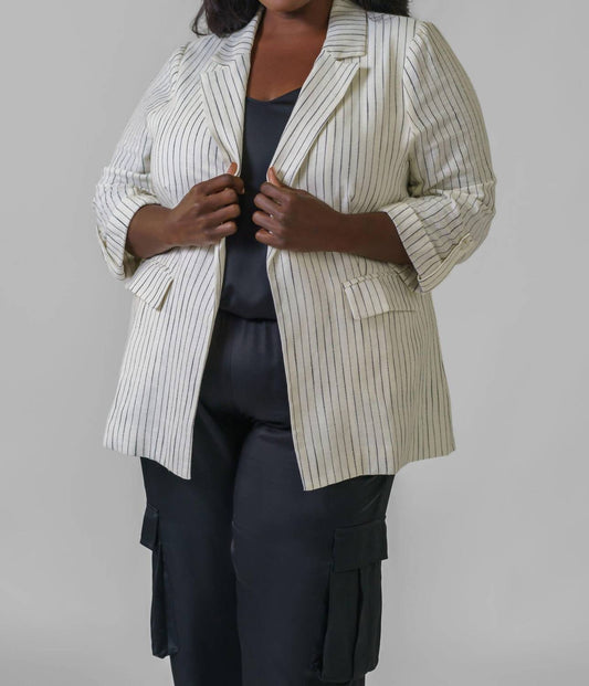 Skies Are Blue - Linen Pinstripe Cuffed Blazer - Plus Size