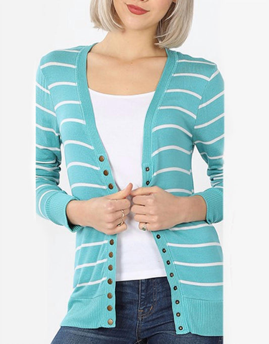 Zenana - Striped Snap Cardigan Full Sleeve