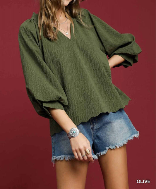 Umgee - Split Neck Balloon Sleeve Blouse