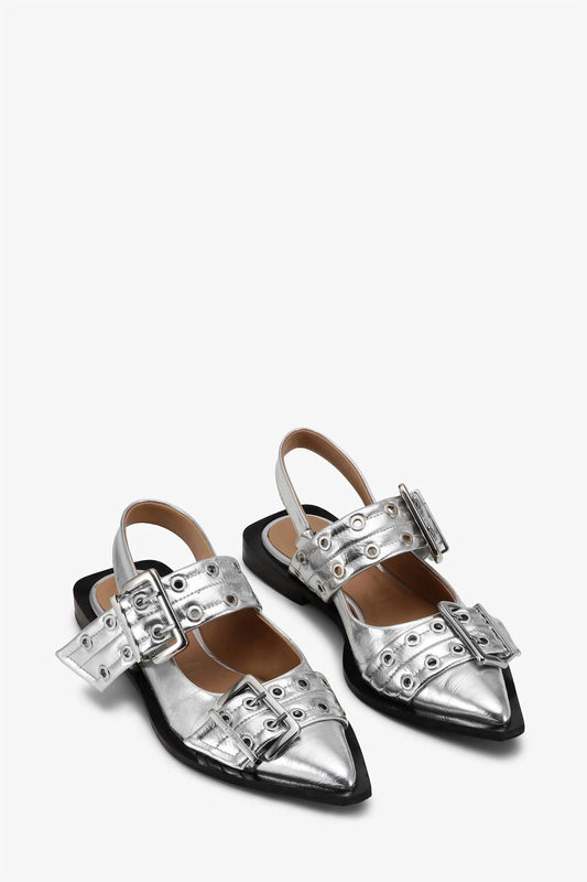 Ganni - Women's Metallic Feminine Buckle Ballerinas Shoes