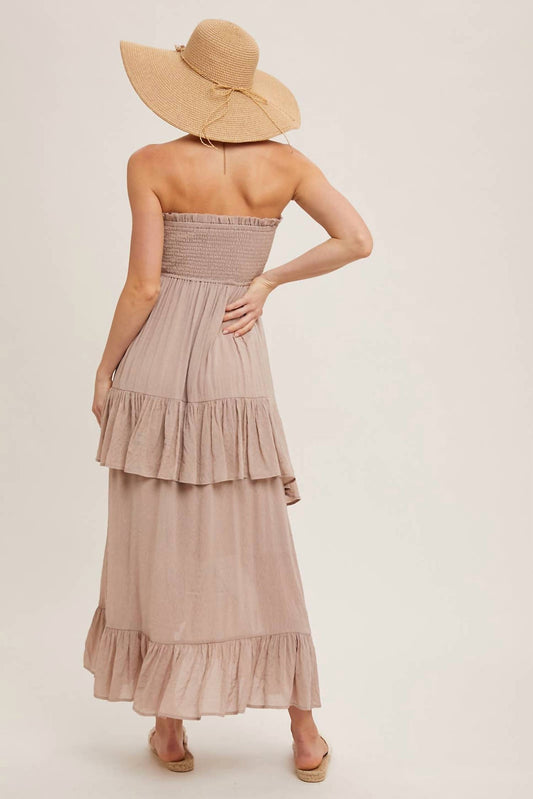 Bluivy - BOHO SMOCKED STRAPLESS TIERED RUFFLE MIDI DRESS