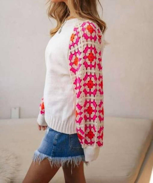 Davi & Dani - Crochet Detailed Long Sleeve Knit Sweater Top