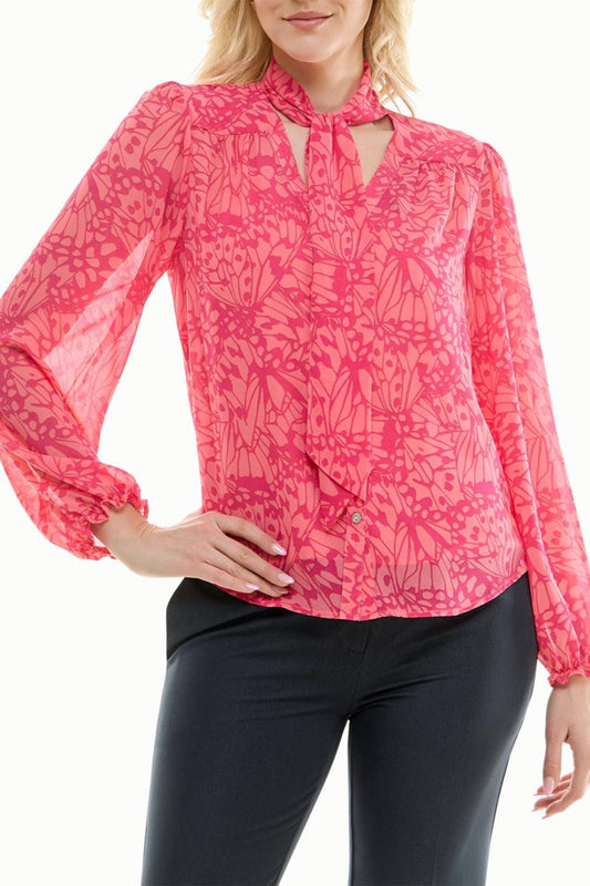 Nicole Miller - Printed Button-down Tie Neck Blouse
