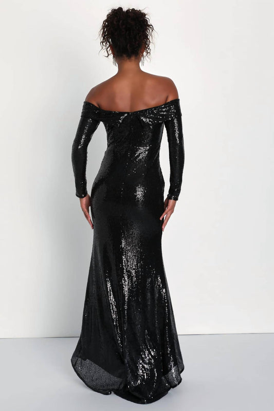Lulus - Icon Sequin Off-shoulder Long Sleeve Maxi Dress