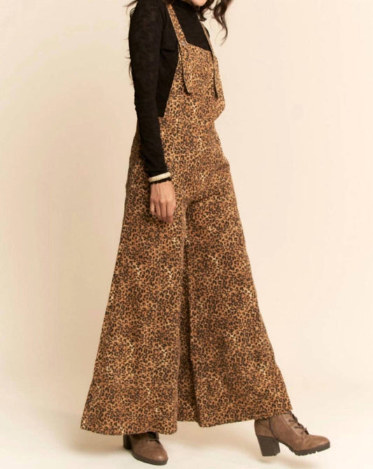 Davi & Dani - Animal Printed Denim Wide Open Leg Overall Pants