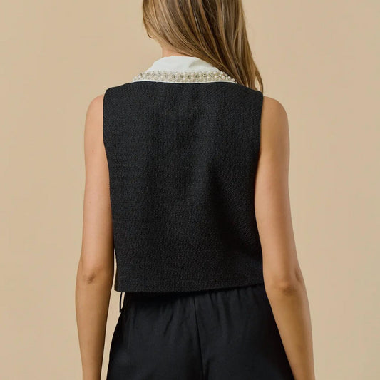 Lalavon - Women's The Beaded Collar Tweed Top