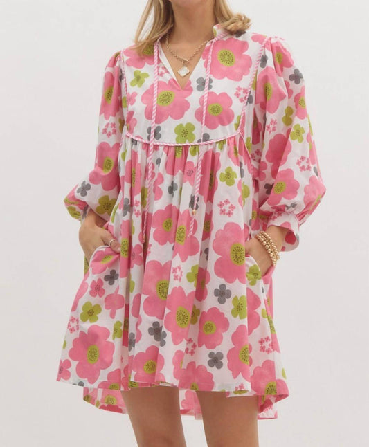 Entro - Floral Babydoll With Contrast Trim And Mid Sleeves Dress