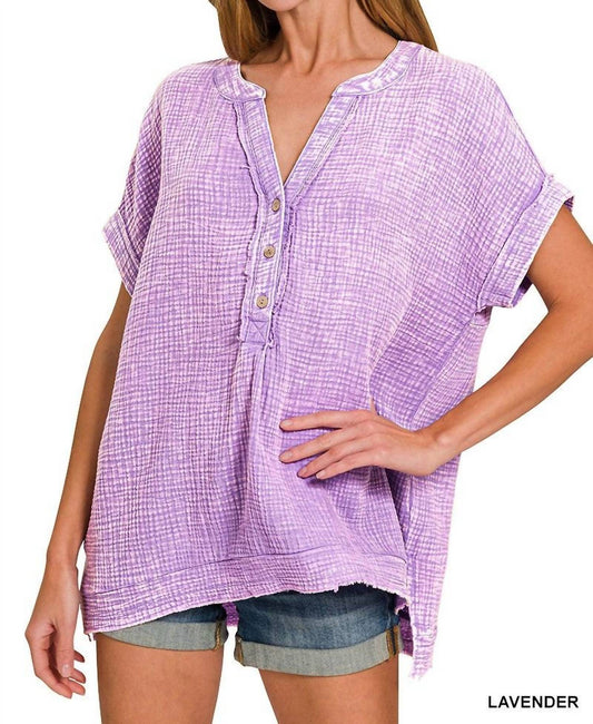 Zenana - Henley Gauze Short Sleeve Top