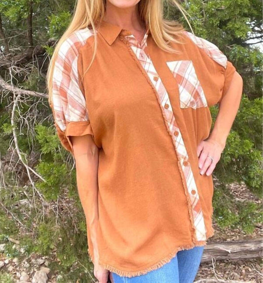 Camel Linen Plaid Button Down Shirt with Unfinished Frayed Hem