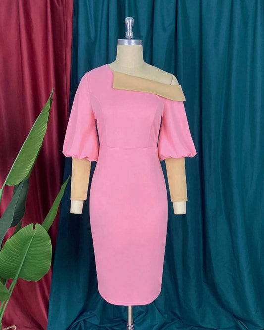 Metamorphosis - Nicole Off Shoulder Contrast Color Block Midi Dress