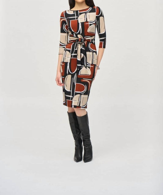 Joseph Ribkoff - Abstract Print Waist Tie Sheath Dress