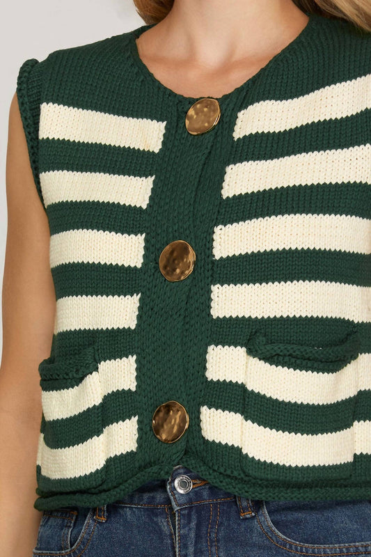 She + Sky - Striped Button Down Sweater Vest