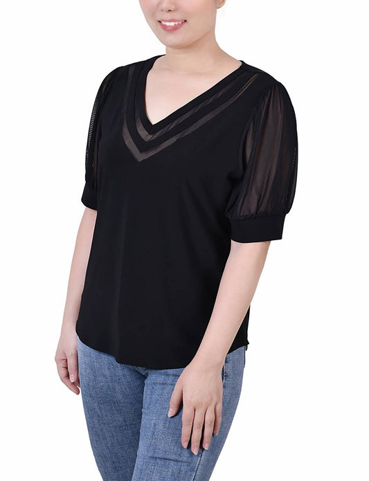 Ny Collection - Short Puff Sleeve V Neck Top