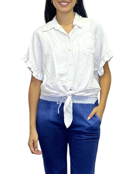 Papillon - Floral Accent Tie Waist Button Up Top