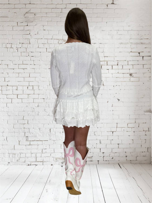 Mable - Women's Bow Knit Button Top And Skirt Set