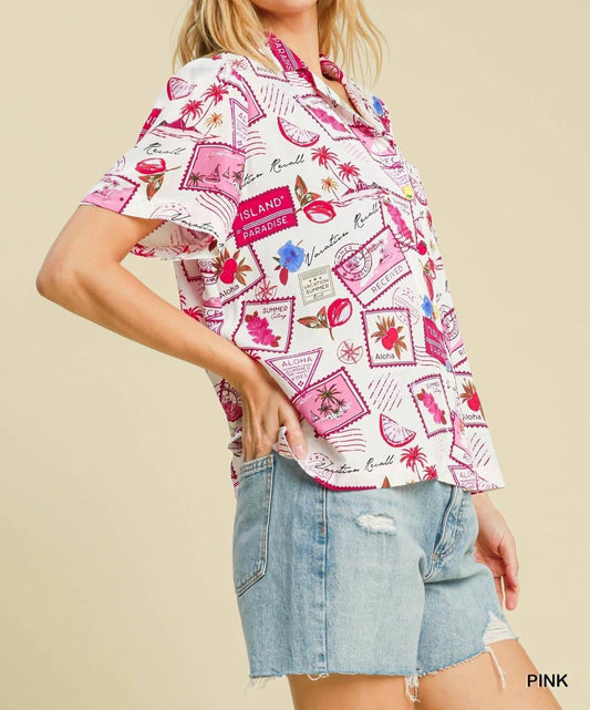 Umgee - Tropical Resort Print Short Sleeve Top