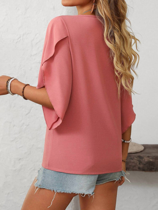 Lovesoft - Chiffon Ruffled V-neck Split Sleeve Top