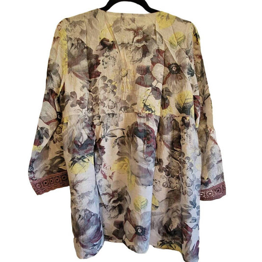 Mystree - Women's Long Sleeve Tunic Top Boho Floral Cottage Crochet Trim