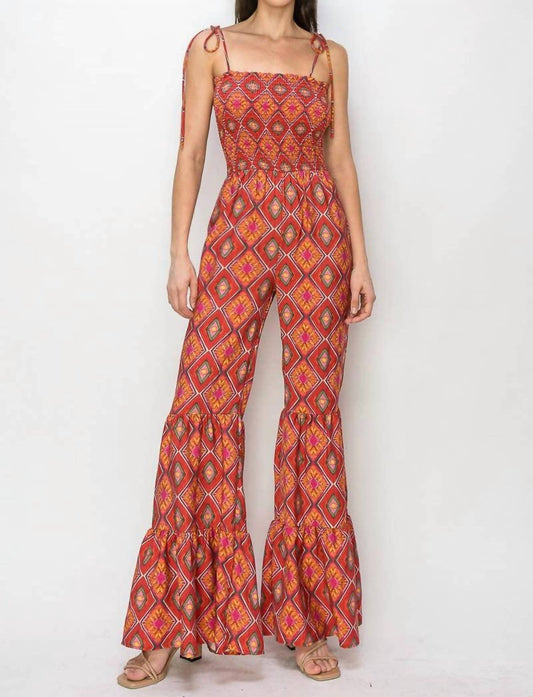 Wisteria Lane - Boho Print Smocked Flared Jumpsuit