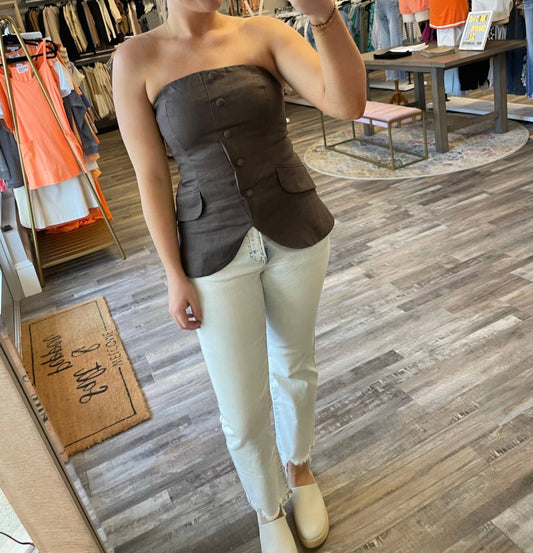 Olivaceous - Strapless Button Up Linen Top