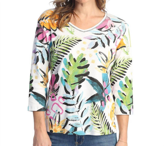 Jess & Jane - Paradise V-neck Printed Cotton Top - Plus