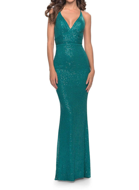 La Femme - Dazzling Plunging V-neck Sequined Gown