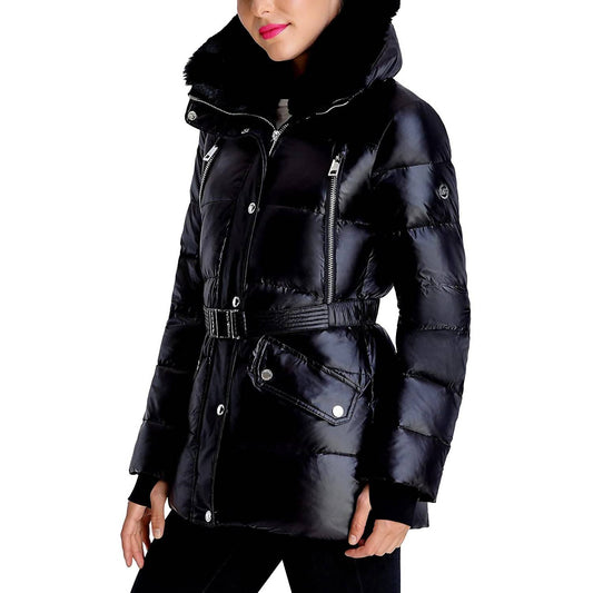 Belted Faux Fur Collar Quilted Coat Jacket