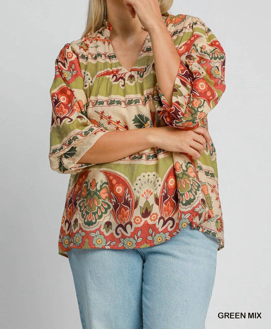 Umgee - Border Print Split Neck Top With Puff Sleeves - Plus