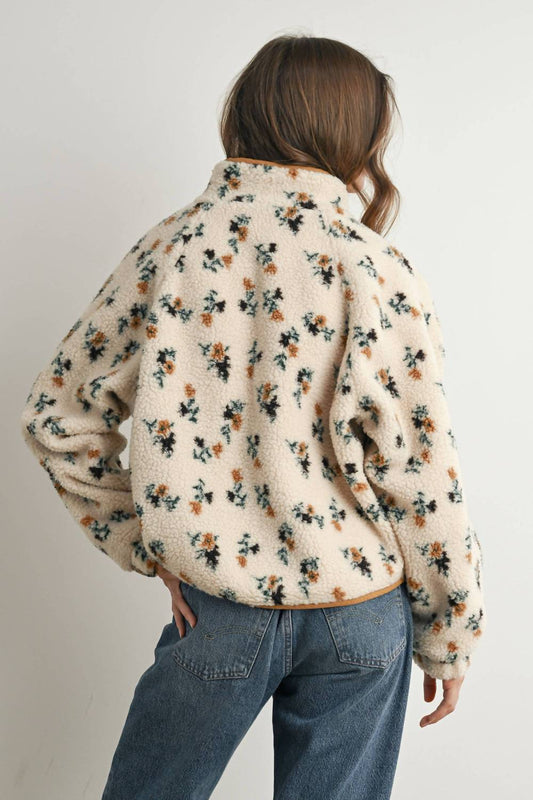 Waverly Grey - Floral Print Fluffy Fleece Jacket