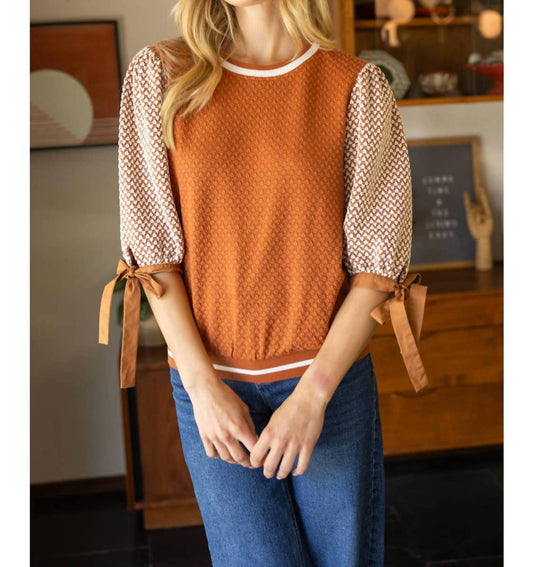 Voy - Color Block Textured Knit Bow Tie Sleeve Top