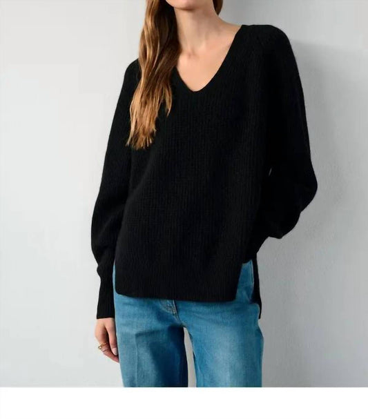 White + Warren - Cashmere Ribbed Blouson Sleeve V Neck Sweater