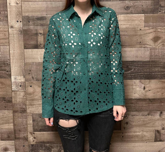 Bluivy - Eyelet Long Sleeve Button Down Top