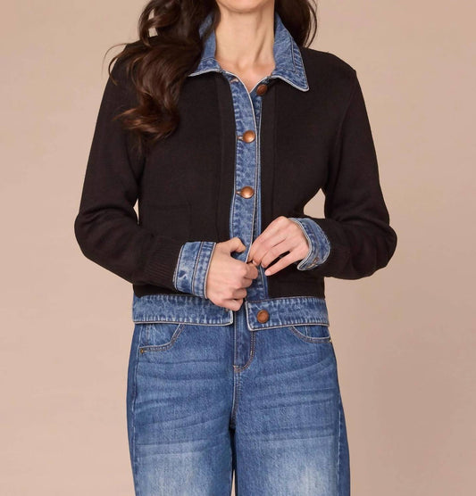 Democracy - Long Sleeve Button Down Curved Hem Mixed Media Jacket